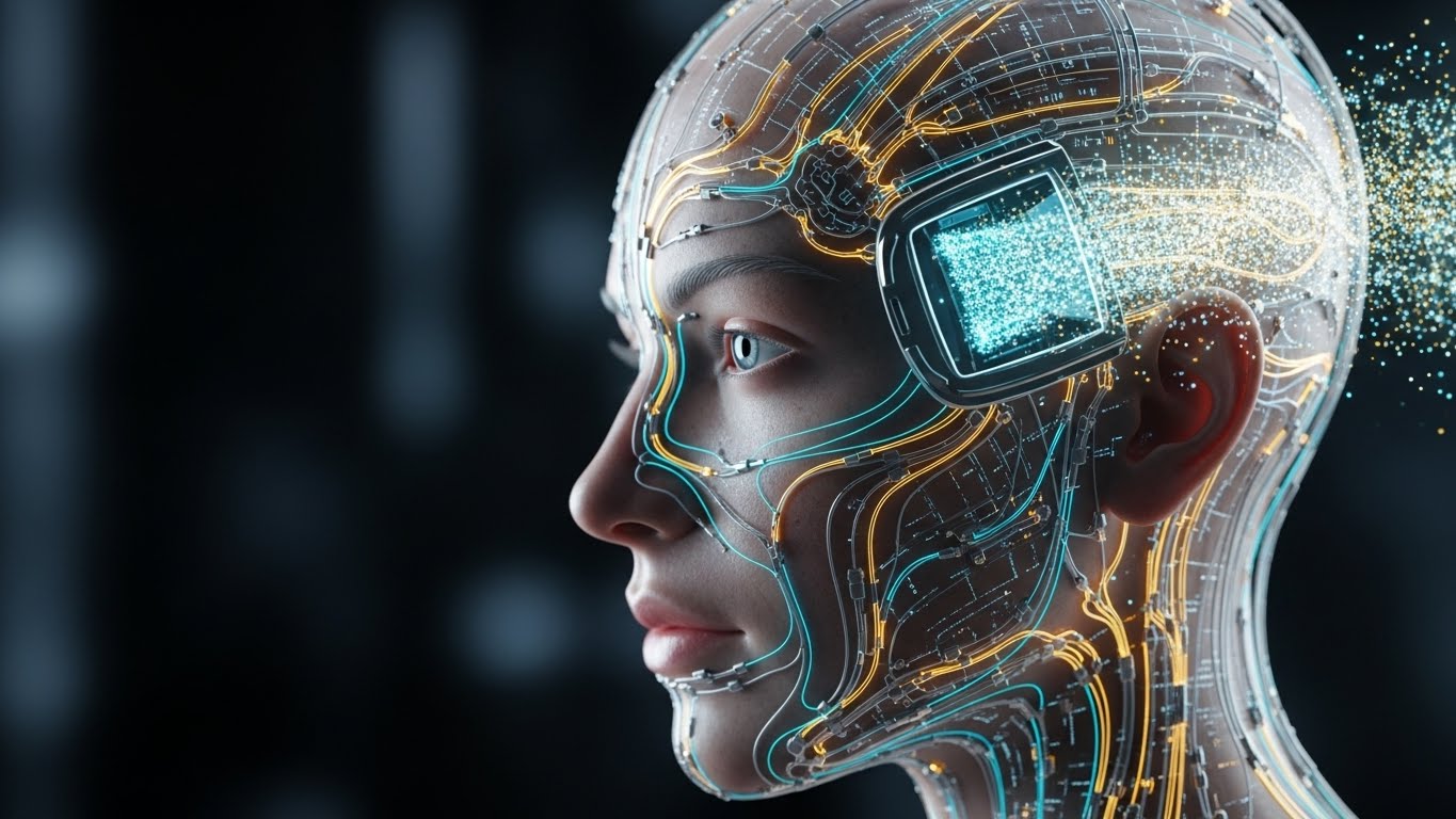 Visualisasi dampak teknologi Brain-Computer Interface pada kehidupan manusia yang menghubungkan saraf otak dengan data digital.