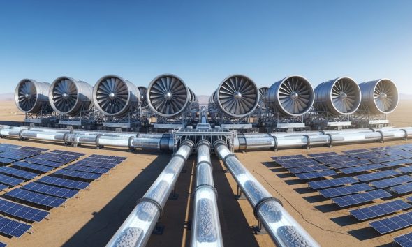 Ilustrasi masa depan teknologi penangkapan karbon dengan fasilitas Direct Air Capture di gurun.