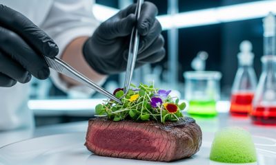 Ilustrasi masa depan industri pangan dengan daging kultur laboratorium yang menyajikan steak berkualitas tinggi.