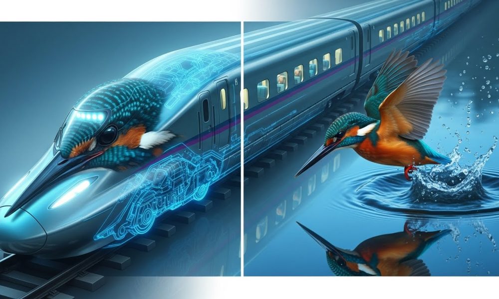 Ilustrasi penerapan konsep biomimikri dalam teknologi masa depan yang menggabungkan desain alam dan mesin.