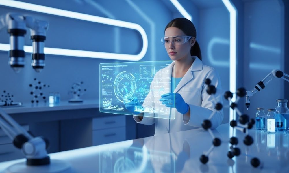 Ilustrasi visual penerapan kecerdasan buatan dalam kedokteran presisi yang menganalisis struktur DNA manusia.