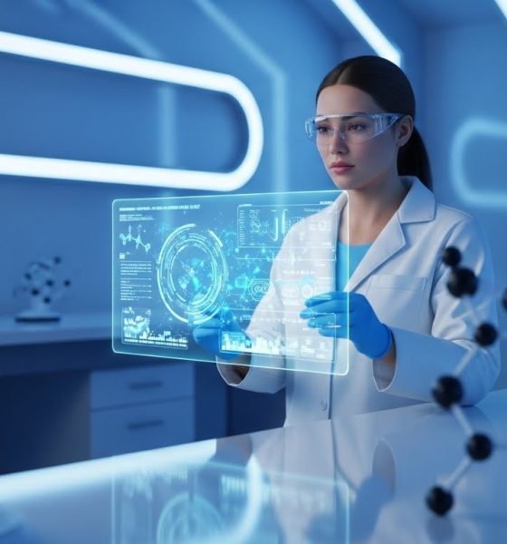 Ilustrasi visual penerapan kecerdasan buatan dalam kedokteran presisi yang menganalisis struktur DNA manusia.
