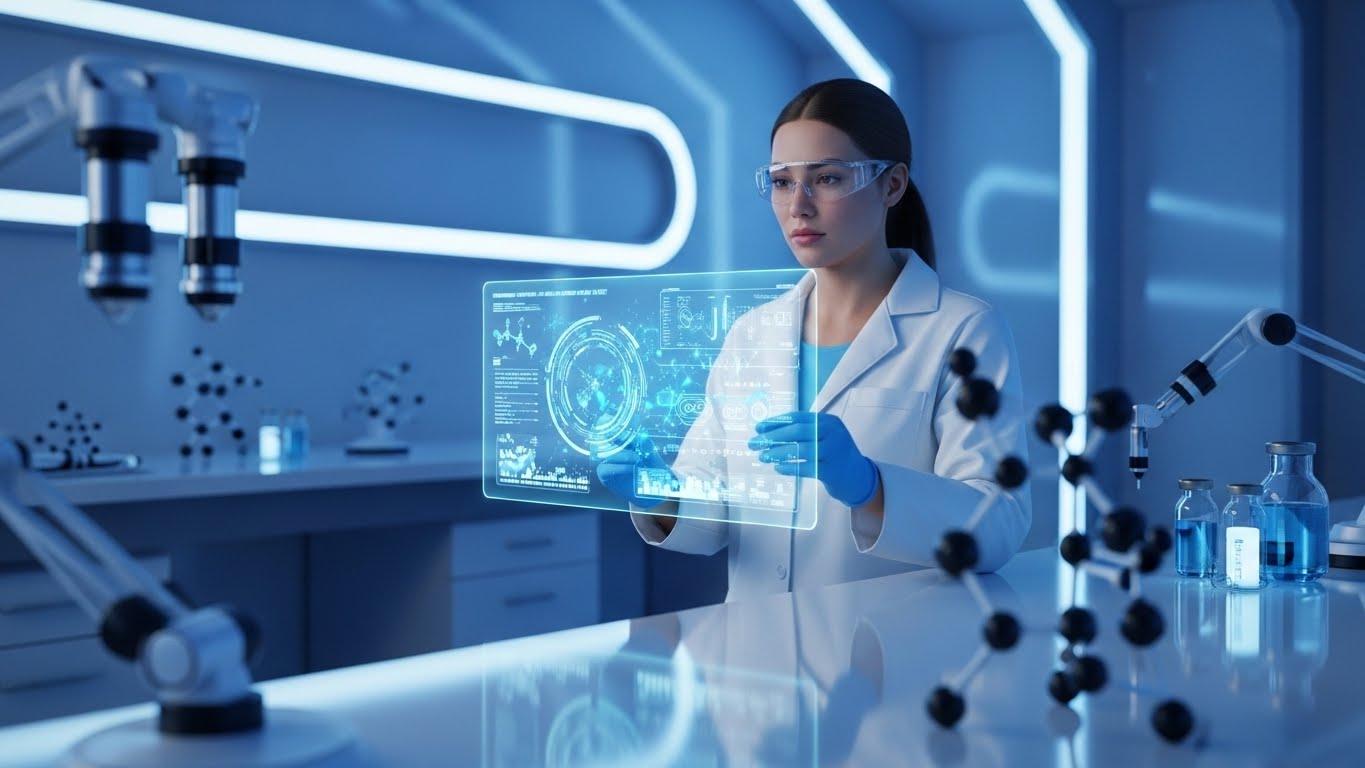 Ilustrasi visual penerapan kecerdasan buatan dalam kedokteran presisi yang menganalisis struktur DNA manusia.
