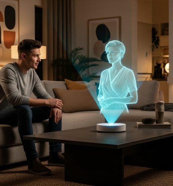 Ilustrasi masa depan komunikasi digital dengan teknologi hologram 3D di ruang tamu.