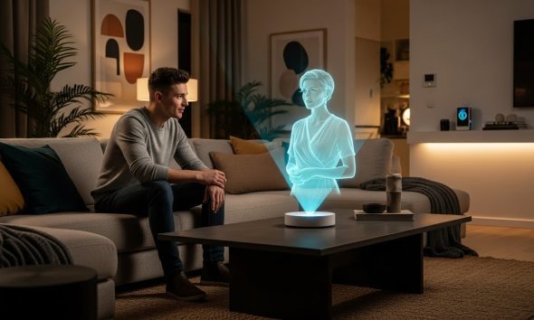 Ilustrasi masa depan komunikasi digital dengan teknologi hologram 3D di ruang tamu.