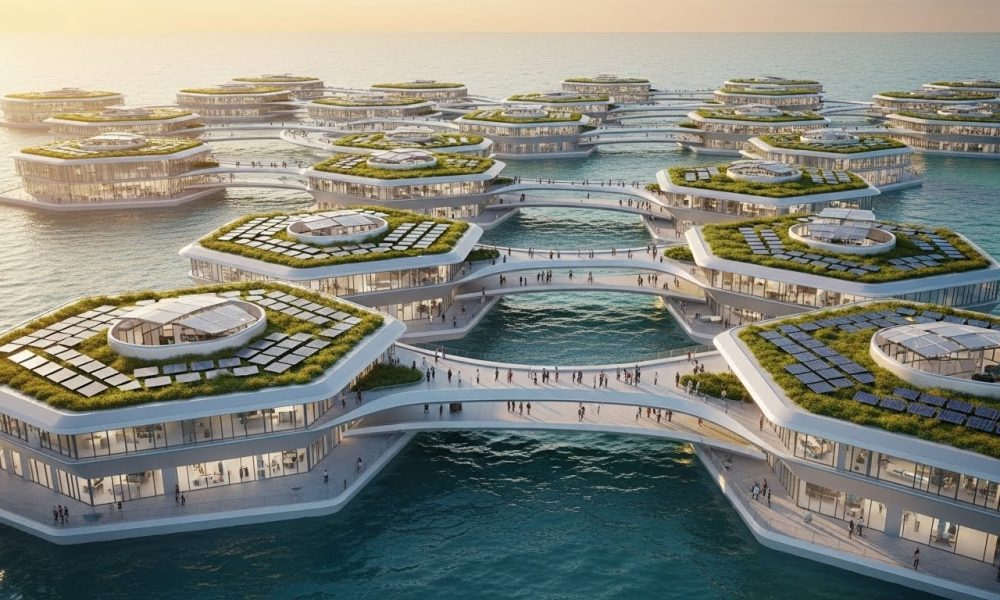 Ilustrasi solusi hunian masa depan dengan konsep kota terapung yang modern dan hijau.