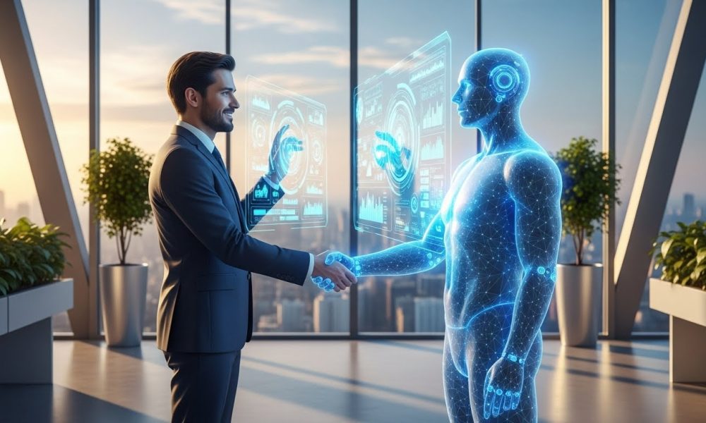 Ilustrasi kolaborasi harmonis antara pekerja profesional dan teknologi AI sebagai strategi adaptasi karir masa depan.