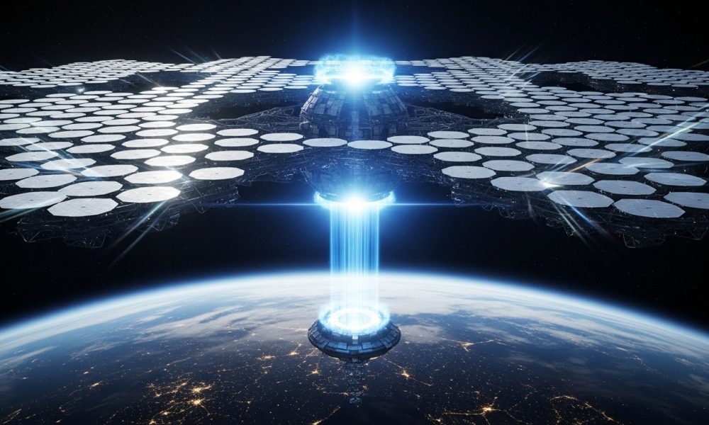 Ilustrasi masa depan energi bersih dengan pembangkit listrik luar angkasa yang memancarkan energi ke bumi.
