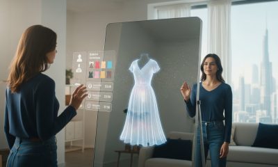 Ilustrasi pengalaman belanja masa depan dengan Augmented Reality menggunakan cermin pintar hologram.
