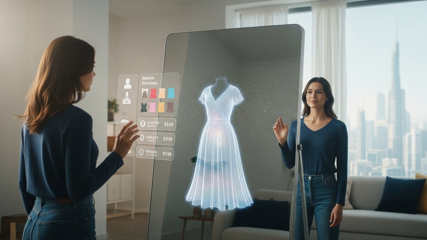 Ilustrasi pengalaman belanja masa depan dengan Augmented Reality menggunakan cermin pintar hologram.