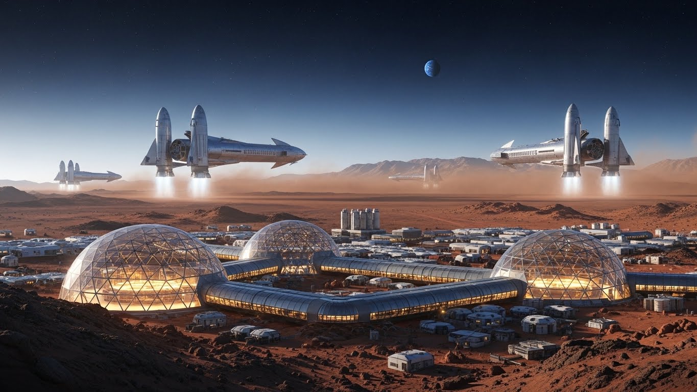 Ilustrasi koloni manusia masa depan di permukaan Planet Mars dengan kubah kaca pelindung.