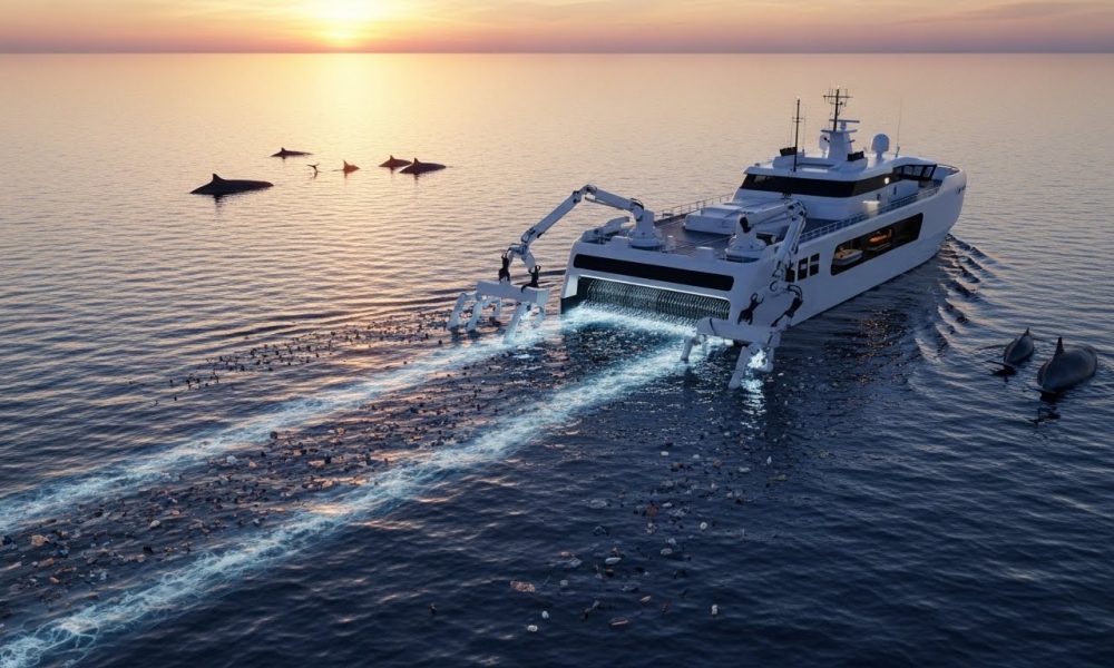 Ilustrasi inovasi teknologi pembersih lautan untuk masa depan bumi yang sedang beroperasi membersihkan sampah plastik.