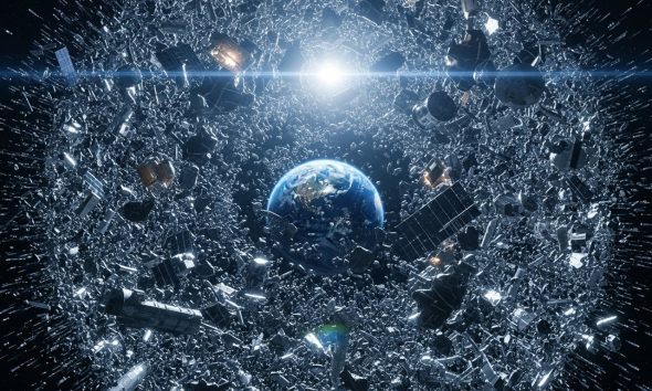 Ilustrasi ancaman sampah antariksa terhadap masa depan eksplorasi luar angkasa yang mengelilingi bumi.