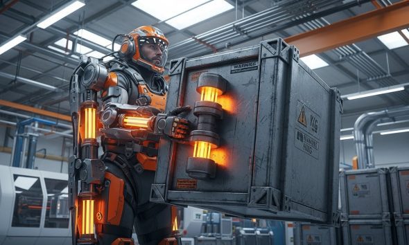 Ilustrasi peran teknologi eksoskeleton dalam meningkatkan kemampuan fisik manusia di sektor industri.