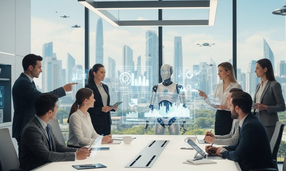 Ilustrasi kolaborasi harmonis antara pekerja manusia dan asisten robot AI di kantor masa depan.