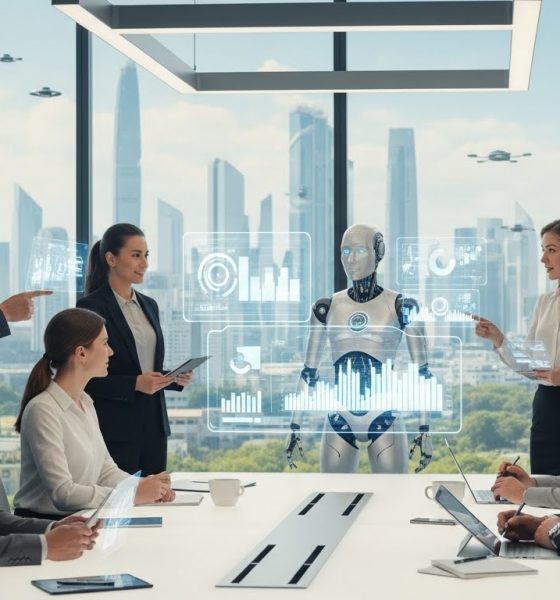 Ilustrasi kolaborasi harmonis antara pekerja manusia dan asisten robot AI di kantor masa depan.