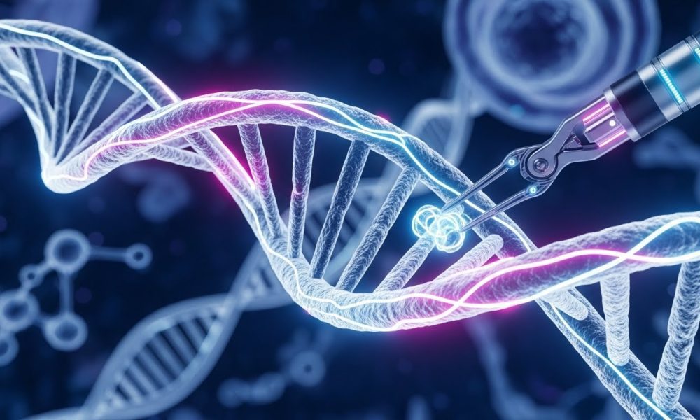 Ilustrasi visualisasi teknologi CRISPR yang bekerja memotong dan menyambung untaian DNA pada tingkat molekuler.