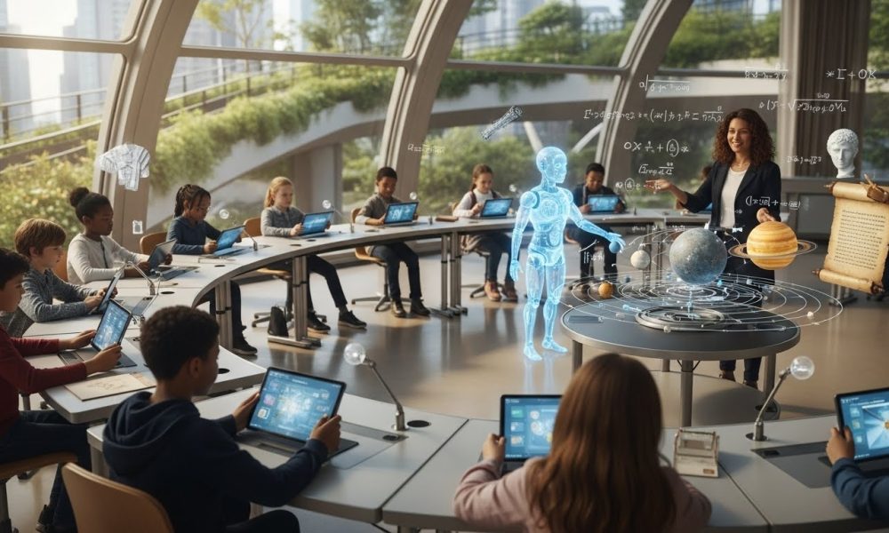 Ilustrasi kelas futuristik yang menggambarkan peran Artificial Intelligence dalam transformasi pendidikan masa depan dengan teknologi hologram.