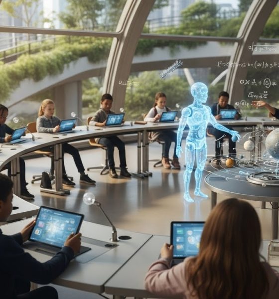 Ilustrasi kelas futuristik yang menggambarkan peran Artificial Intelligence dalam transformasi pendidikan masa depan dengan teknologi hologram.