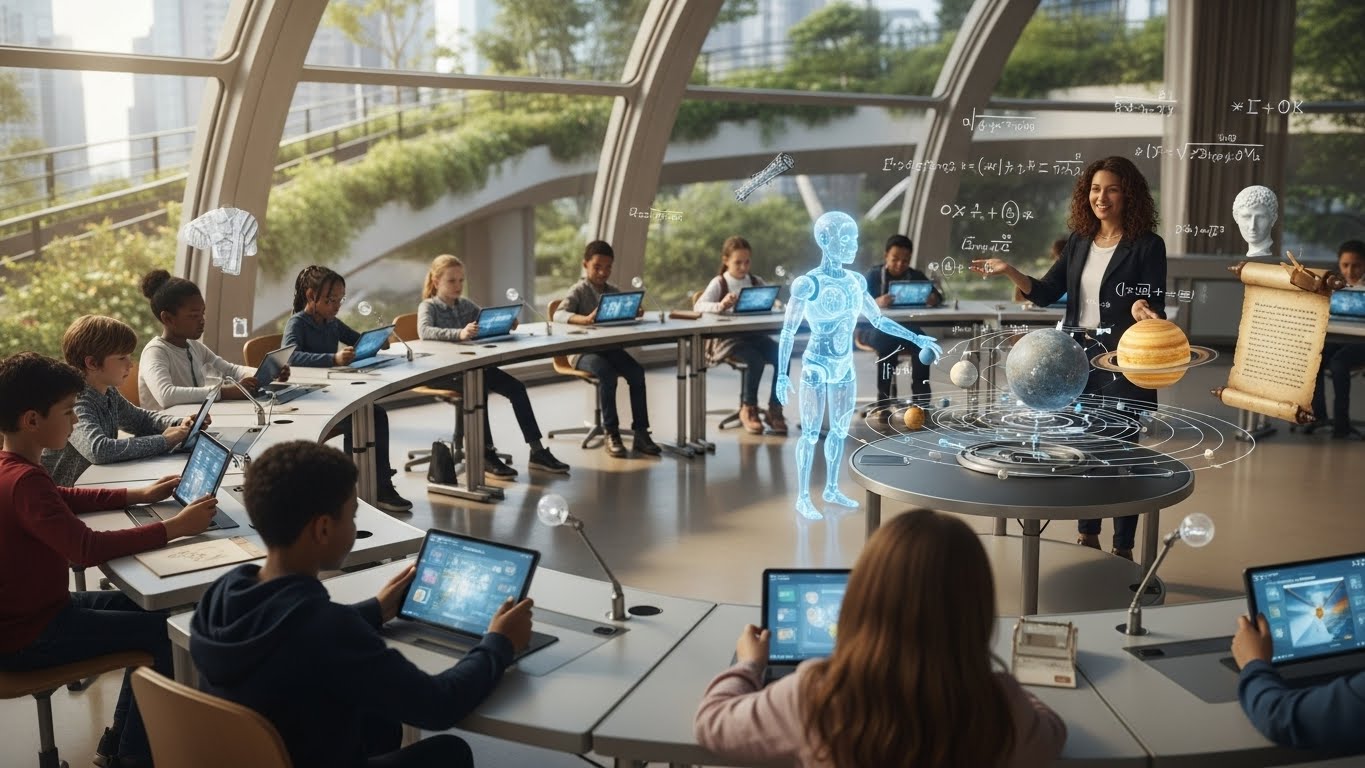 Ilustrasi kelas futuristik yang menggambarkan peran Artificial Intelligence dalam transformasi pendidikan masa depan dengan teknologi hologram.