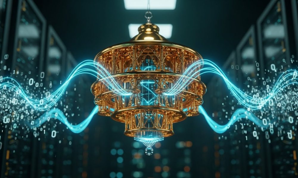 Ilustrasi prosesor komputer kuantum yang menggambarkan dampak komputasi kuantum terhadap keamanan siber dunia.