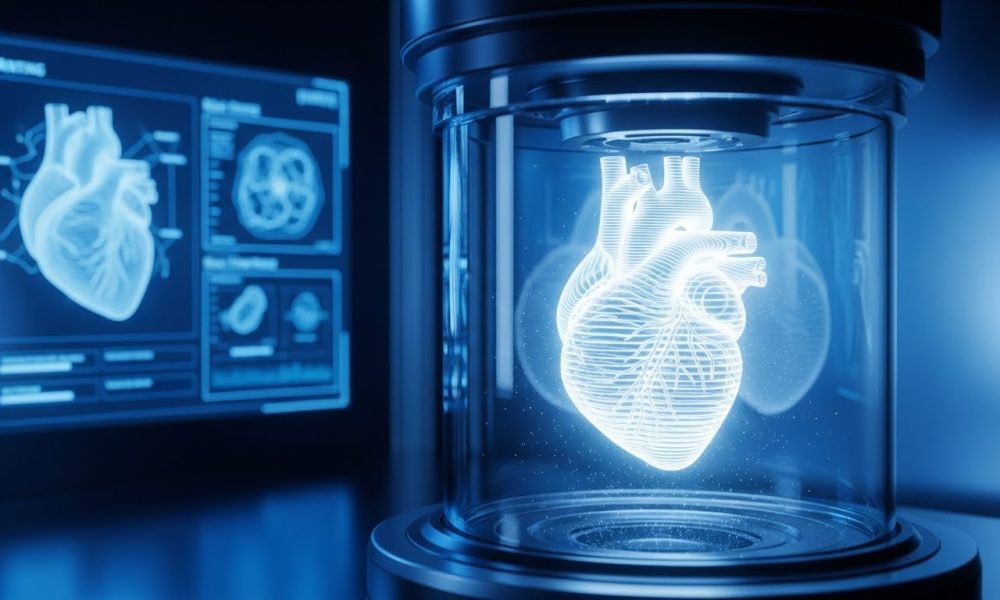 Ilustrasi masa depan transplantasi organ dengan teknologi bioprinting 3D yang sedang mencetak jantung buatan.