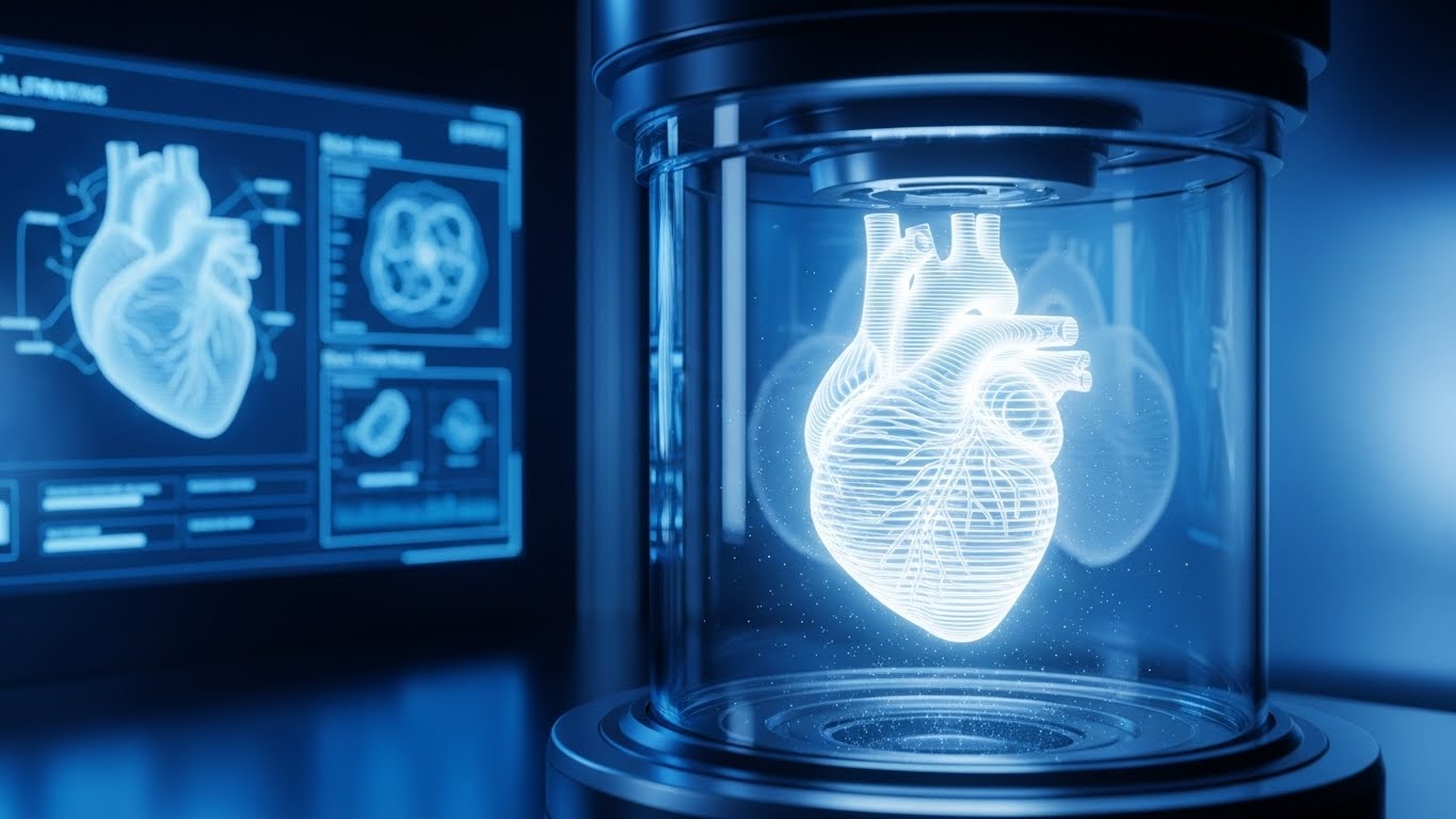 Ilustrasi masa depan transplantasi organ dengan teknologi bioprinting 3D yang sedang mencetak jantung buatan.