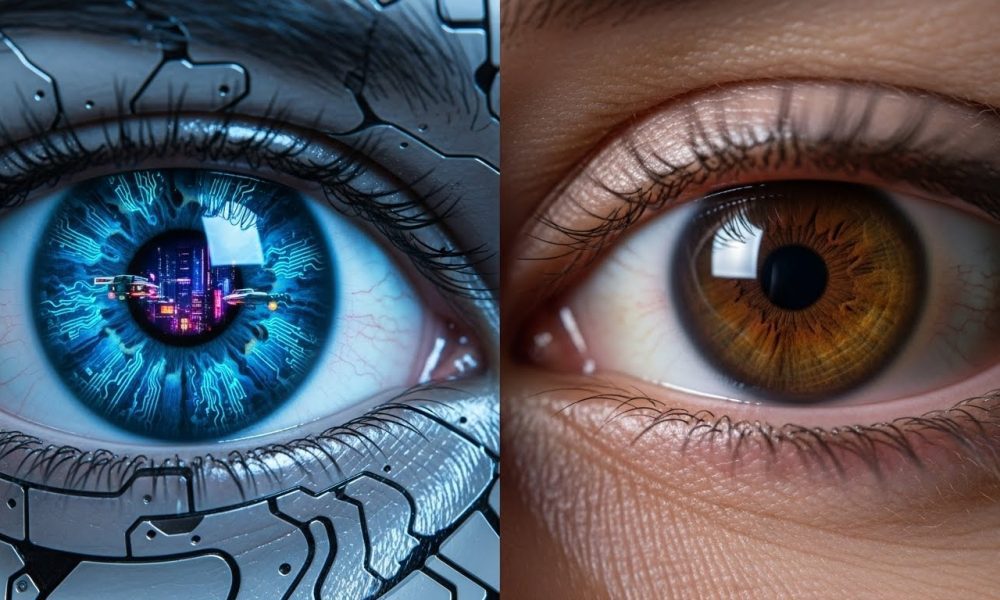 Ilustrasi mata robot humanoid canggih yang melambangkan kebangkitan Artificial General Intelligence yang setara dengan manusia.