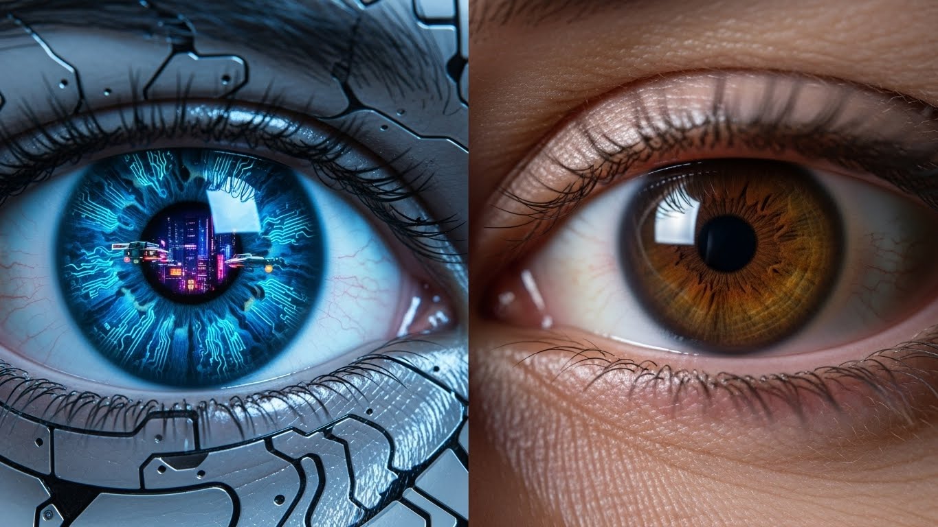 Ilustrasi mata robot humanoid canggih yang melambangkan kebangkitan Artificial General Intelligence yang setara dengan manusia.