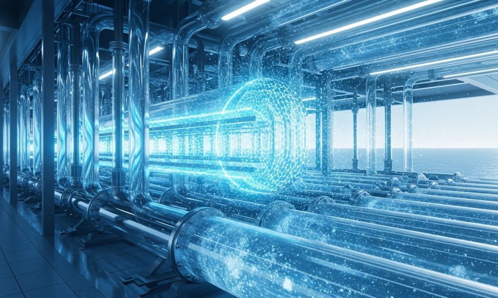 Ilustrasi teknologi desalinasi air laut untuk mengatasi krisis air bersih dengan sistem filtrasi modern.