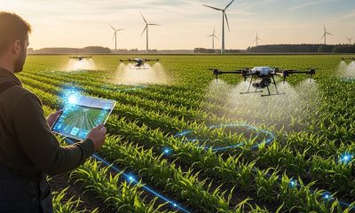 Ilustrasi penerapan teknologi smart farming berbasis IoT dengan drone dan sensor digital.