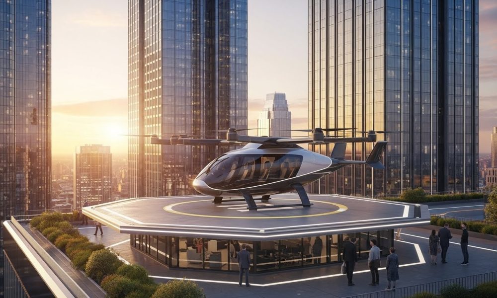 Ilustrasi masa depan transportasi udara perkotaan dengan taksi terbang eVTOL mendarat di gedung pencakar langit.