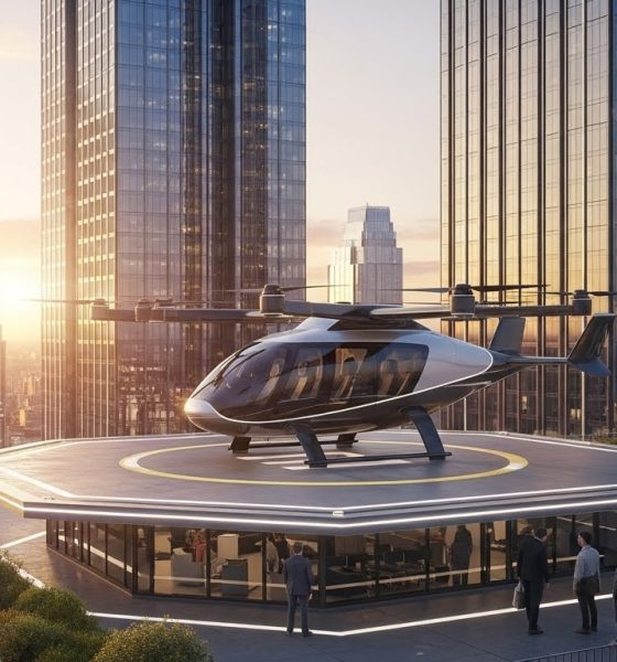 Ilustrasi masa depan transportasi udara perkotaan dengan taksi terbang eVTOL mendarat di gedung pencakar langit.