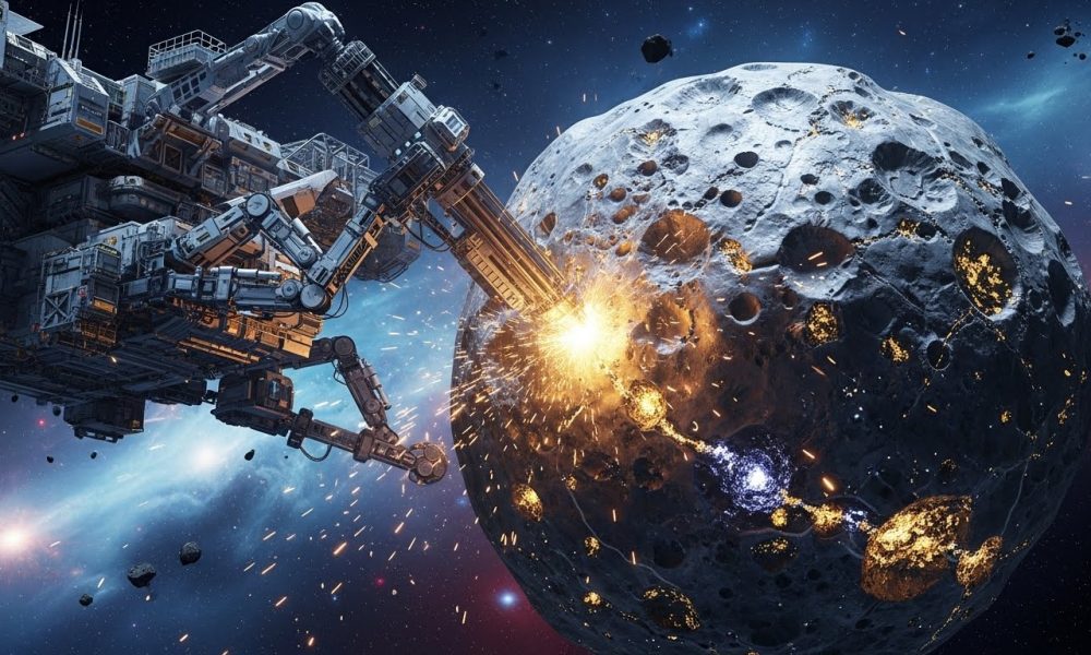 Ilustrasi pesawat luar angkasa futuristik sedang melakukan operasi penambangan mineral berharga di permukaan asteroid.