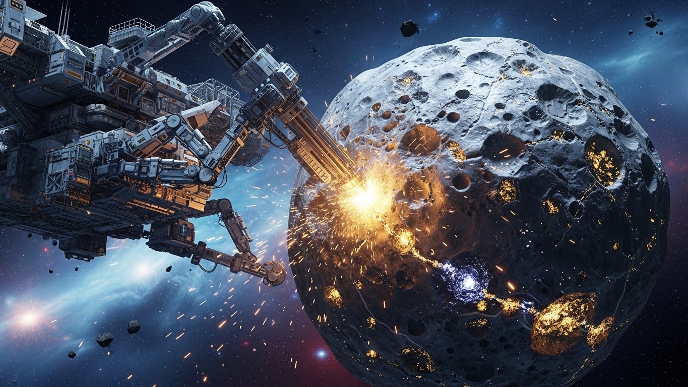 Ilustrasi pesawat luar angkasa futuristik sedang melakukan operasi penambangan mineral berharga di permukaan asteroid.