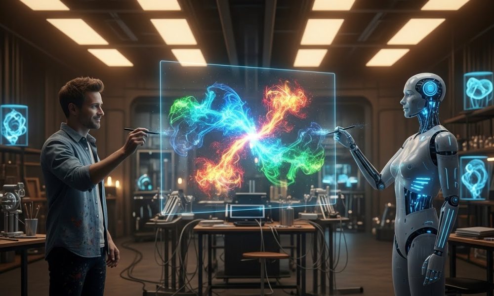 Ilustrasi kolaborasi harmonis antara seniman manusia dan Generative AI dalam menciptakan karya seni digital.