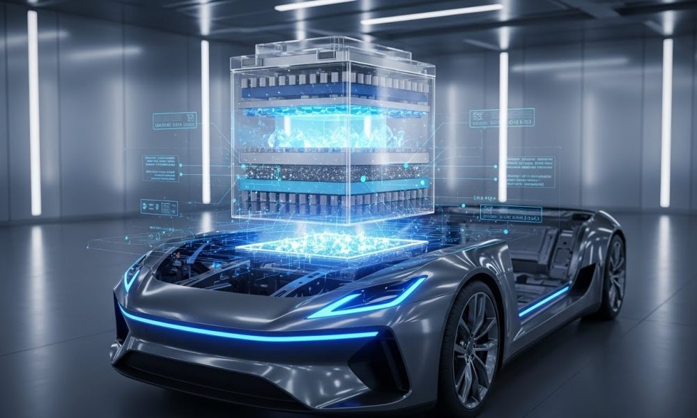 Ilustrasi masa depan teknologi baterai solid-state pengganti lithium-ion untuk kendaraan listrik.
