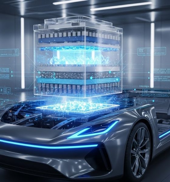 Ilustrasi masa depan teknologi baterai solid-state pengganti lithium-ion untuk kendaraan listrik.