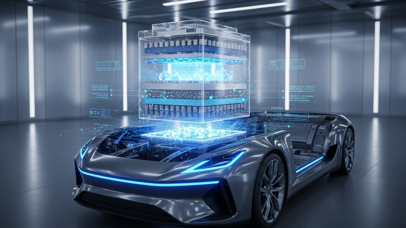 Ilustrasi masa depan teknologi baterai solid-state pengganti lithium-ion untuk kendaraan listrik.