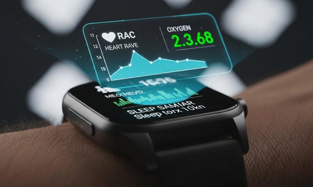 Ilustrasi peran teknologi wearable dalam memantau kesehatan pribadi dengan tampilan data hologram.