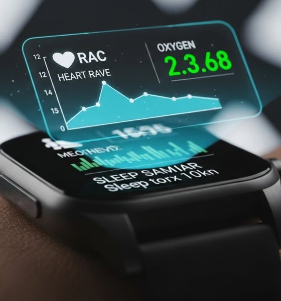 Ilustrasi peran teknologi wearable dalam memantau kesehatan pribadi dengan tampilan data hologram.
