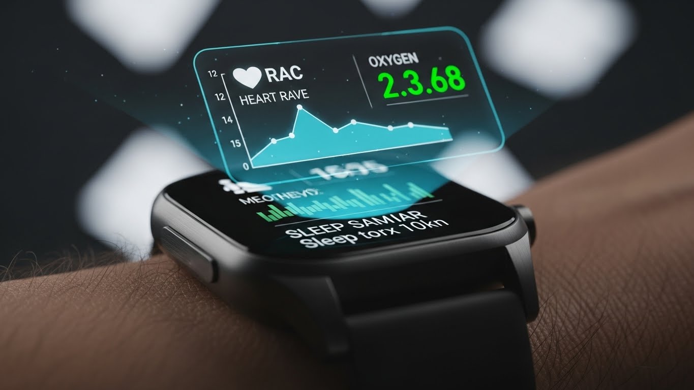 Ilustrasi peran teknologi wearable dalam memantau kesehatan pribadi dengan tampilan data hologram.
