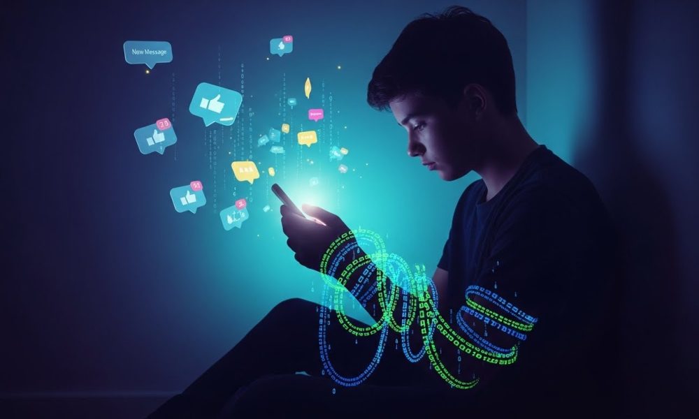 Ilustrasi dampak algoritma media sosial terhadap kesehatan mental yang menggambarkan kecanduan digital.