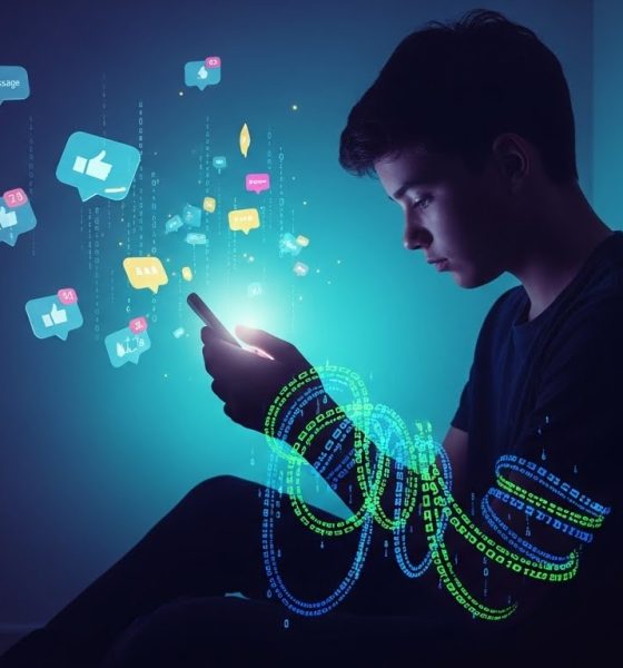 Ilustrasi dampak algoritma media sosial terhadap kesehatan mental yang menggambarkan kecanduan digital.