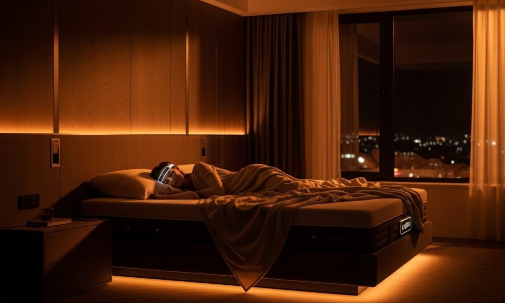 Ilustrasi masa depan teknologi tidur untuk mengatasi insomnia kronis dengan kasur pintar.