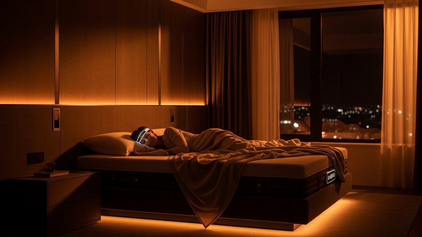 Ilustrasi masa depan teknologi tidur untuk mengatasi insomnia kronis dengan kasur pintar.