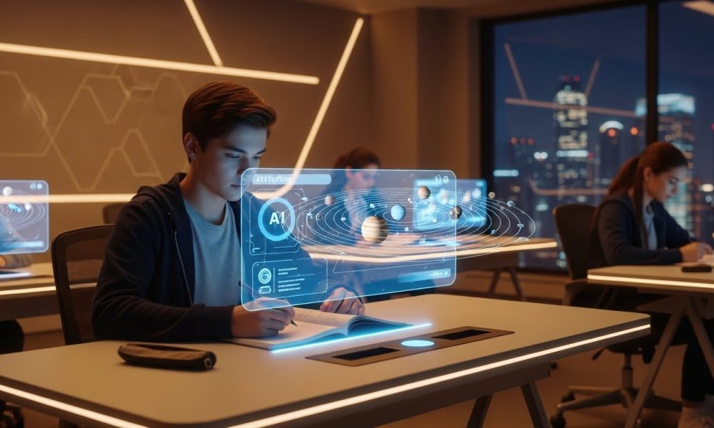 Ilustrasi siswa masa depan belajar menggunakan tutor AI holografik yang mempersonalisasi materi pelajaran.