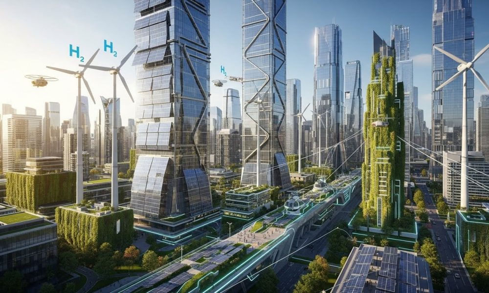 Lanskap kota futuristik yang menggunakan teknologi masa depan energi terbarukan dengan panel surya dan kincir angin modern.