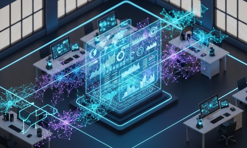 Visualisasi sistem AI Agents Otonom yang sedang memproses data digital secara mandiri.