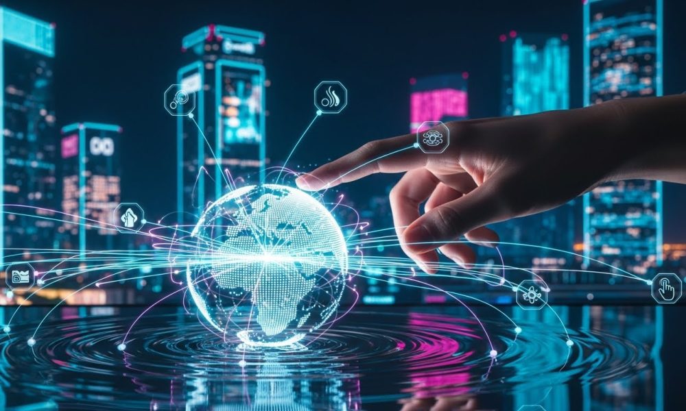 Ilustrasi visual memahami revolusi teknologi 6G yang menghubungkan dunia digital dan fisik.